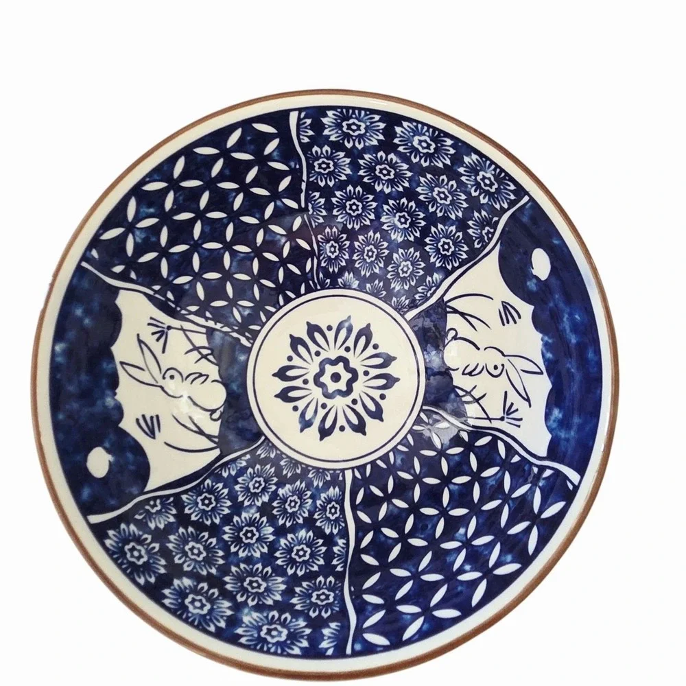 SH Home Ceramic Ramen Noodle Bowl Set with Chopsticks & Spoon Blue White Rabbits